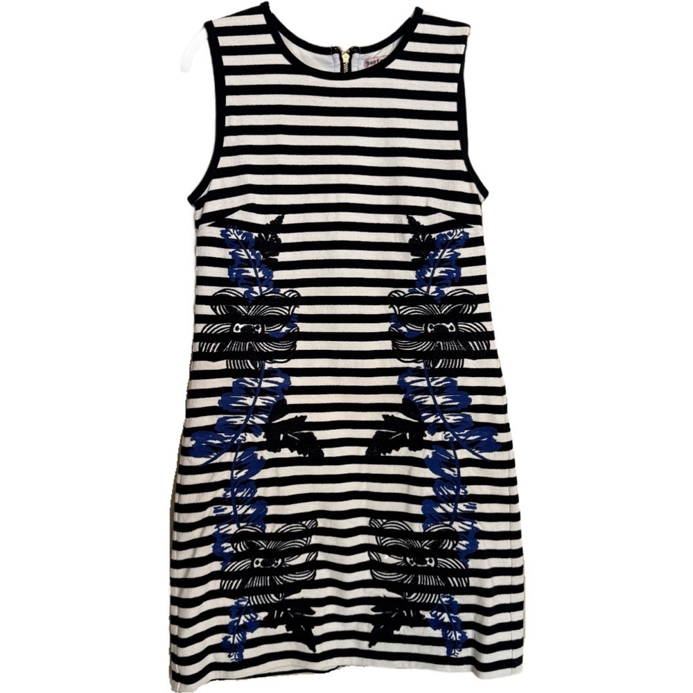 Juicy Couture Embroidered Floral Black White Stripes Dress Size M Casual Summer